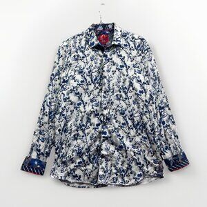 Au Noir Shirt Men Sz 4 Button Up Funky Watercolor Floral Nature AOP Blue Boho